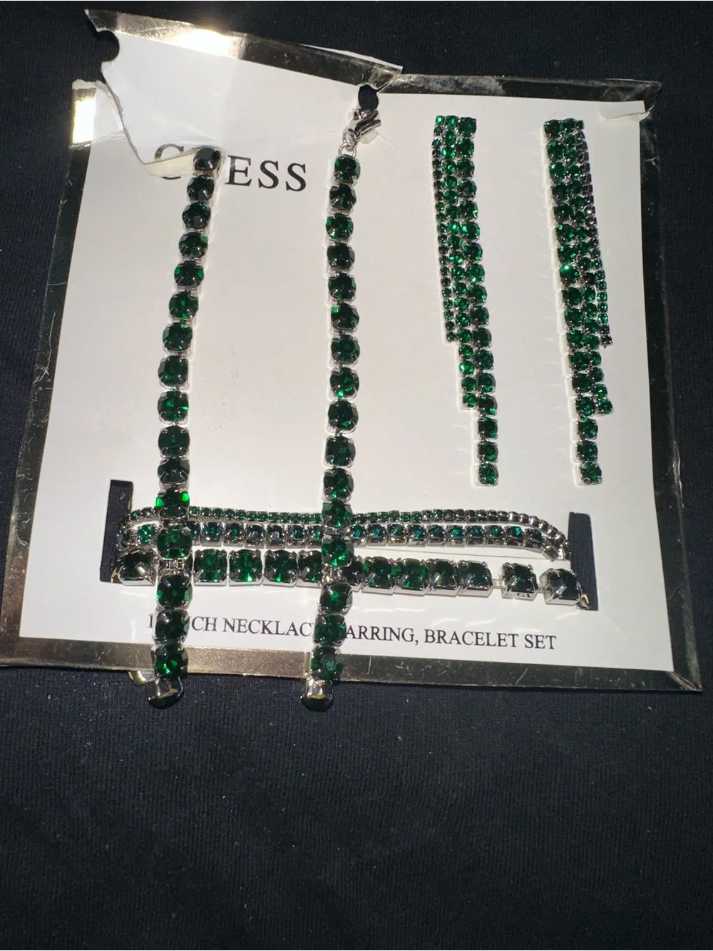 GUESS Green Crystal Bracelet, Necklace & Drop Earrings Set